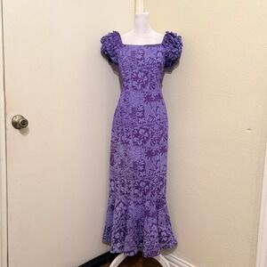 Good Times Hawaii Purple Tropical Floral Ruffle Sleeve Maxi Dress Muumuu Trumpet
